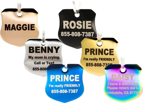 PetANtastic - Etiquetas identificatorias grabadas personalizables, en acero inoxidable, para perro o gato, identificación frontal y trasera, chapado