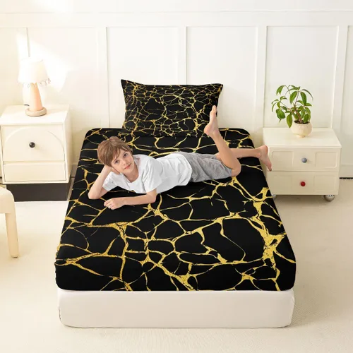 Miniatura 3 de Erosebridal Sábana bajera ajustable de mármol metálico dorado, tamaño individual, sábanas de cama con purpurina dorada negra, diseño de textura