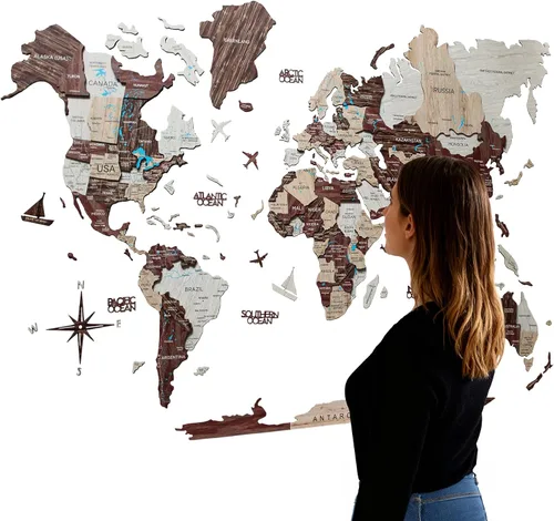 Miniatura 13 de Arte de pared de madera 3D hecho a mano con mapa del mundo en relieve, decoración de pared grande, rastrea tus viajes por el mundo - Especial