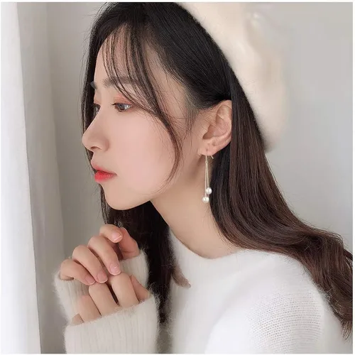 Miniatura 4 de Plata de ley con perlas de agua dulce aretes colgantes con borlas aretes de aro colgantes de cadena larga aretes de gancho de cadena larga aretes