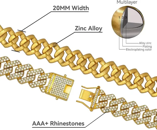Miniatura 3 de Cadena de eslabones cubanos para hombre, cadena cubana de 0.78 pulgadas, aleación de zinc, AAA+, collar de diamantes de imitación, Zinc, cristal