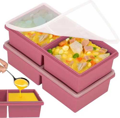 Miniatura 8 de Bandejas de silicona para congelador de 2 tazas con tapas, moldes de silicona para congelador de sopas, preparar comidas en porciones, ideal