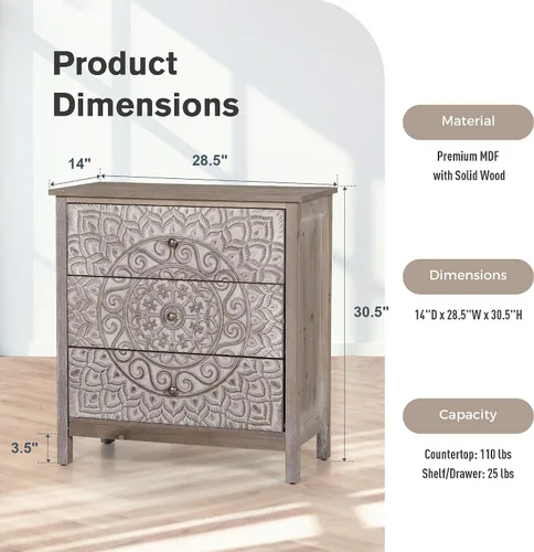 Miniatura 2 de PHI VILLA Armario decorativo con cajones – Cómoda rústica con 3 cajones para entrada y almacenamiento