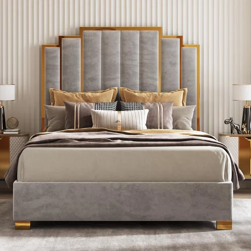 Miniatura 15 de AMERLIFE Cama tapizada tamaño Queen, marco de cama de terciopelo moderno con cabecera de ribete dorado de 61.4 pulgadas de alto, no necesita somier