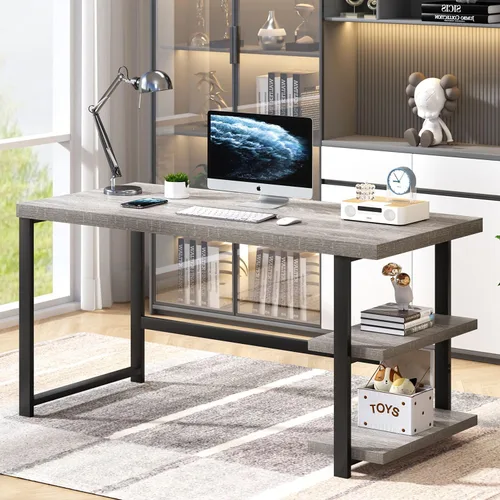 Miniatura 3 de FOLUBAN Escritorio de oficina en casa de 47 pulgadas, escritorio moderno para computadora con estantes de almacenamiento, pequeña mesa de estudio