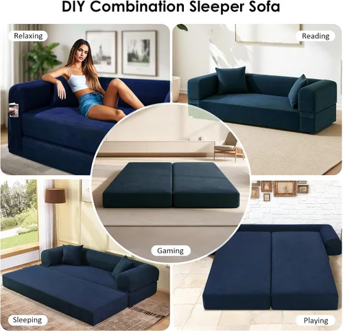 Miniatura 3 de Sofá cama convertible de 80", sofá plegable extraíble de pana 3 en 1 con almohadas, sofá moderno sin ensamblaje sin estructura con compresión