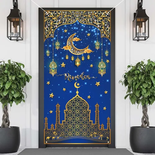 Eid Ramadan Mubarak - Cubierta de puerta de Ramadán, decoración de Ramadán, mezquita de luna y estrella, decoración islámica, pancarta de puerta,