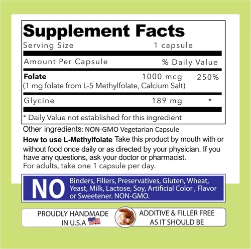 Miniatura 4 de Our Daily Vites L-metilfolato de 1 mg / 1000 mcg de folato activo de máxima fuerza, 5-MTHF, sin relleno, sin gluten, sin OMG, cápsulas vegetarianas