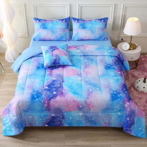 Miniatura 15 de JQinHome Juego de edredón con purpurina tamaño Queen, juego de ropa de cama de 6 piezas en una bolsa, colorido en 3D, rosa y azul, para niñas y Rosa