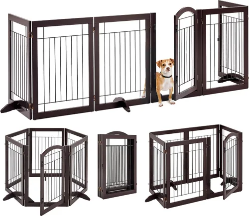 Miniatura 10 de Yaheetech Puerta extra ancha independiente para perros, valla plegable para cachorros con pies de apoyo adecuada para puertas, escaleras, 98 Espresso