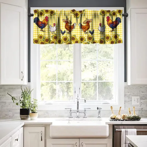 Miniatura 4 de Cenefa de ventana de gallo de Western Farm, pollo, girasol, retro, con estampado de cuadrícula de búfalo amarillo, bolsillo para barra, tratamientos