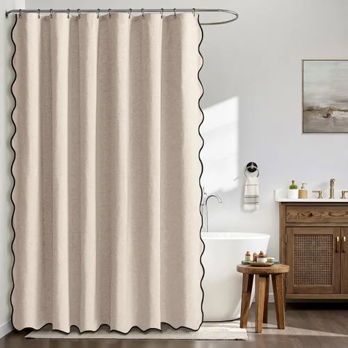 Miniatura 2 de MIULEE Cortina de ducha festoneada de lino texturizado con 12 ganchos de metal, bonita cortina de ducha de tela gruesa resistente, lavable, Negro
