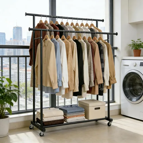 Miniatura 9 de Perchero de doble barra para colgar ropa, portátil, con ruedas, perchero de metal resistente con estantes dobles para dormitorio, lavandería, sala