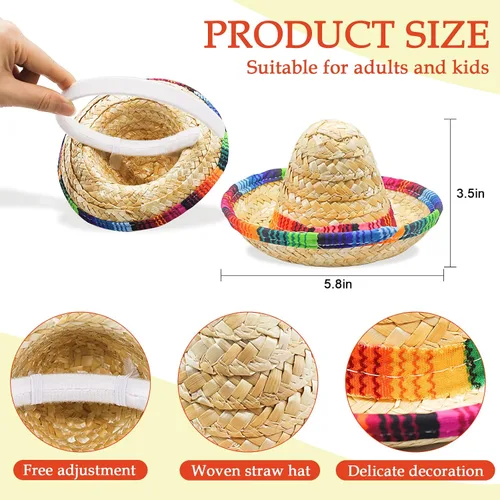 Miniatura 5 de 3 sombreros mexicanos, sombreros de fiesta de Cinco de Mayo, sombrero de tela para fiestas, diademas de paja para niños, mascotas, adultos, fiesta