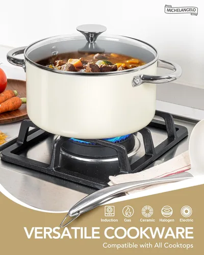 Miniatura 4 de MICHELANGELO Juego de ollas y sartenes antiadherentes - Juego de utensilios de cocina de cerámica no tóxicos, 8 piezas de ollas y sartenes Crema