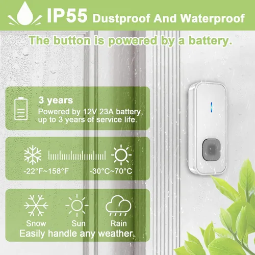 Miniatura 3 de SURFOU Timbre inalámbrico de 1300 pies de alcance para el hogar, casa, oficina, negocios, aula, 55 melodías, kit de timbre de puerta impermeable