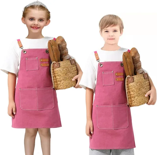 Miniatura 5 de 2 unids niños lona delantal para niño y niña cocina pintura herramienta de trabajo niños delantal