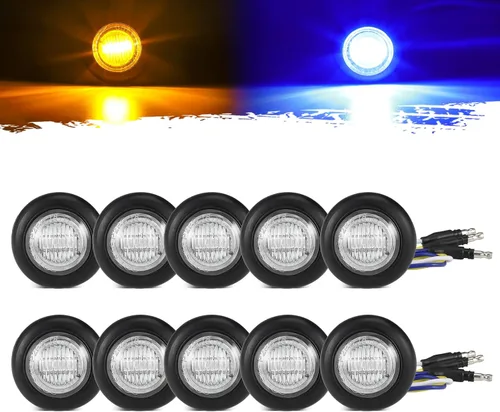 Partsam 10 Piezas Luz Marcadora LED Redonda de Doble Color de 3/4" Ámbar a Azul Luz Auxiliar Marcadora Lateral Aprobada por DOT Luz de Gálibo ámbar