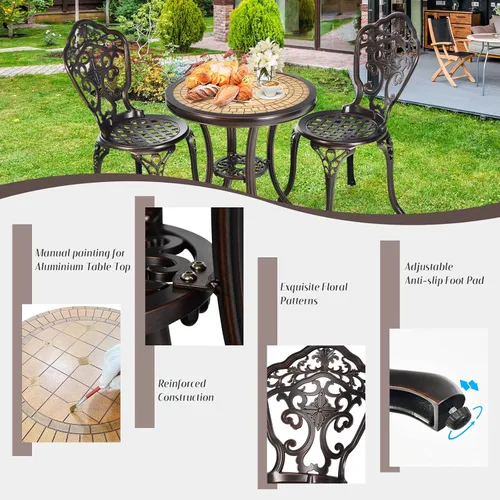 Miniatura 6 de Tangkula Juego de 3 piezas de patio bistró, juego de mesa y sillas de aluminio fundido para exteriores, mesa redonda de bistró y sillas para porche