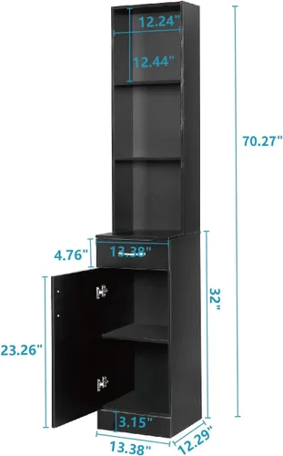 Miniatura 3 de Karl Home Armario de torre estrecho de 70 pulgadas de alto con 3 estantes, 1 cajón y 1 compartimento, para baño y sala de estar, color negro