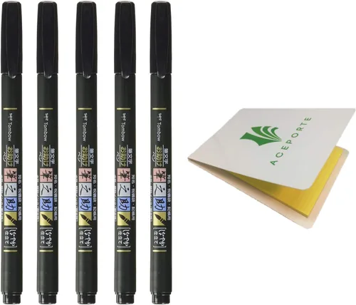 Tombow Fudenosuke Fude - Juego de 5 bolígrafos suaves (GCD-112) con notas adhesivas originales, ideal para caligrafía, dibujos artísticos,