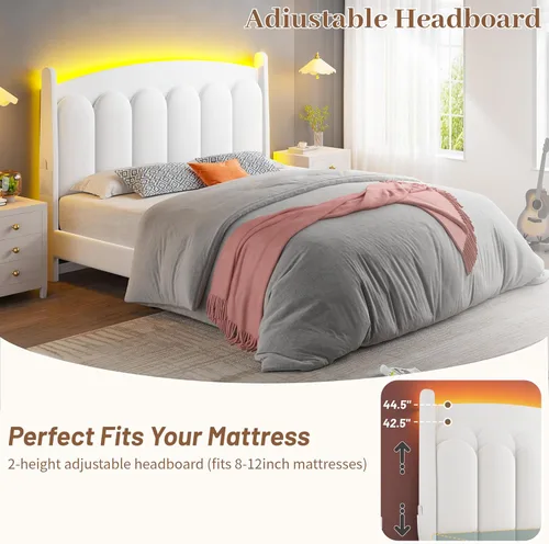 Miniatura 7 de CypBed Base de cama de tamaño matrimonial con luces LED de cabecero, cama matrimonial tapizada de terciopelo, cama matrimonial con plataforma