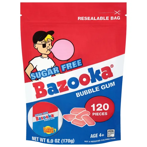 Miniatura 5 de Bazooka Chicle de goma de mascar sin azúcar, goma de mascar a granel en bolsa resellable, 120 unidades en sabor rosa original, a granel sin azúcar