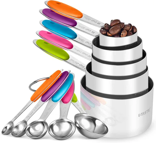 U-Taste - Juego de tazas y cucharas medidoras: U-Taste 18/8 de acero inoxidable, 10 piezas, apilables, cocina, cocina, juego de medidas de