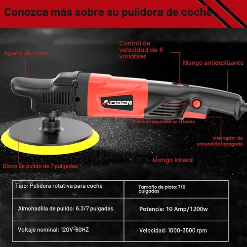 Miniatura 2 de AOBEN Pulidor rotativo de búfer, 1200 W, 6 pulgadas/7 pulgadas, kit de cera para pulidor de automóvil con 6 velocidades variables de 1000-3500 RPM