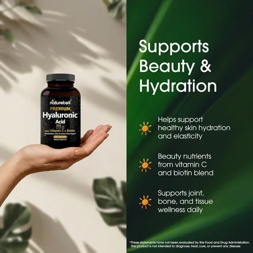 Miniatura 4 de NatureBell Suplementos de ácido hialurónico, 250mg de ácido hialurónico con 25mg de vitamina C por porción, 200 cápsulas, apoya la hidratación