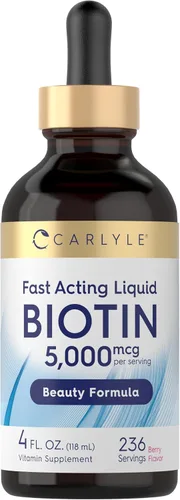 Carlyle Biotin - Gotas líquidas de 5000mcg | 4 onzas líquidas | para mujeres y hombres | Sabor a bayas | Fórmula de belleza | Suplemento