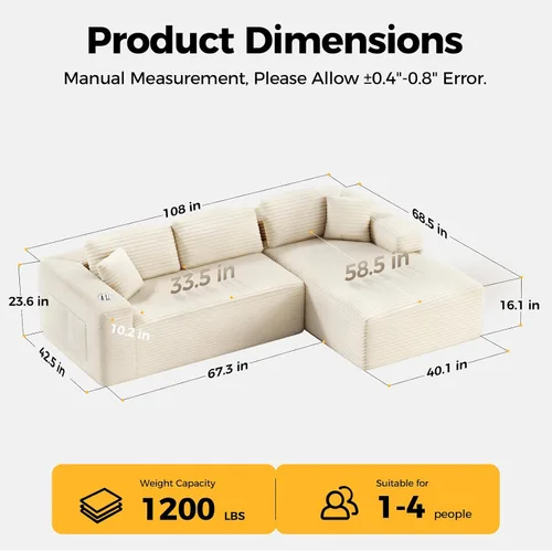 Miniatura 2 de CAMMOO Sofá seccional Cloud de 108 pulgadas, sofá seccional modular moderno con asiento profundo, sofás de pana sin estructura rígida con diván