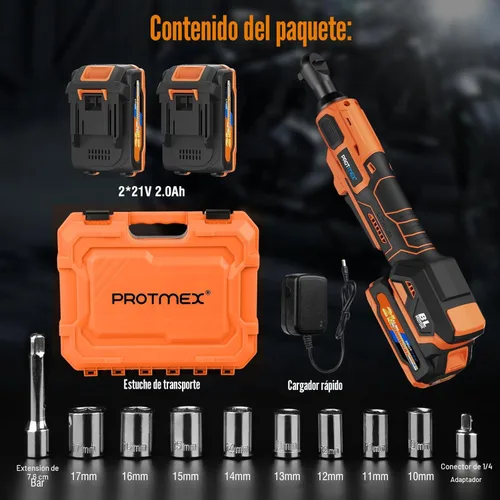 Miniatura 7 de Protmex Llave de trinquete inalámbrica de 74 FT-LBS (100 N.m), trinquete eléctrico sin escobillas de 3/8'' con batería de 21V 2.0Ah, kit