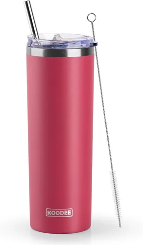 Miniatura 14 de Koodee - Vaso delgado de acero inoxidable de 20 onzas (4 unidades) aislado con doble pared, vaso de agua con 4 tapas, 4 popotes y 2 cepillos