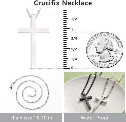 Miniatura 5 de 2 collares de cruz para hombre, colgante de acero inoxidable, cadena de cruces plateadas, negras, caja de regalo para 16 a 30 pulgadas