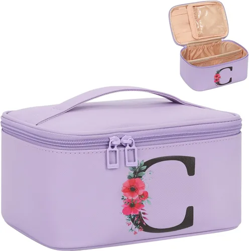 Miniatura 11 de OCHEAL Bolsa de maquillaje personalizada, bolsa de maquillaje beige para mujer, kit de aseo de viaje con monograma, organizador de cosméticos listo