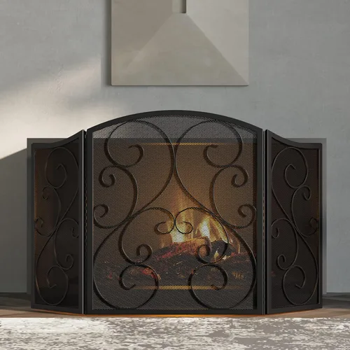 Miniatura 5 de Pantalla para chimenea Fire Beauty de 3 paneles, hierro forjado de metal, 121,9 cm (L) x 76,2 cm (H), cubierta protectora contra chispas (negro)