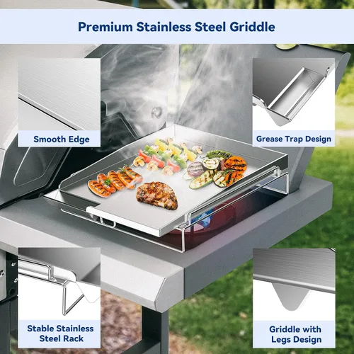 Miniatura 3 de Skyflame Plancha universal de acero inoxidable, parrilla de gas plana con rejilla extraíble y bordes elevados, apto para la mayoría de parrillas
