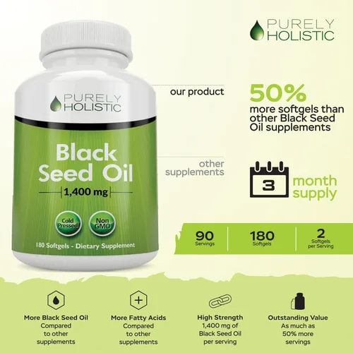 Miniatura 2 de Purely Holistic Cápsulas de aceite de semilla negra de 1400 mg, 180 cápsulas blandas, suministro de 3 meses - Nigella sativa prensada en frío, rica