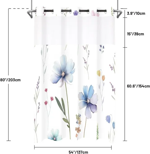 Miniatura 7 de Juego de cortina de ducha sin gancho con forro a presión, diseño floral moderno para baño, tela sin anillo, cortinas de flores impresas en acuarela