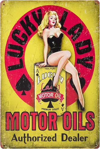 ERLOOD Lucky Lady Motor Oil Gas Service Garaje Dealer Pin Up Girl Retro Vintage Decoración Cartel de lata 12 X 8