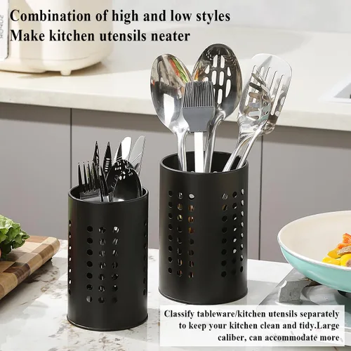Miniatura 4 de Evanda Soporte para utensilios de cocina para encimera, paquete de 2, organizador de utensilios de acero inoxidable negro, organizador elegante
