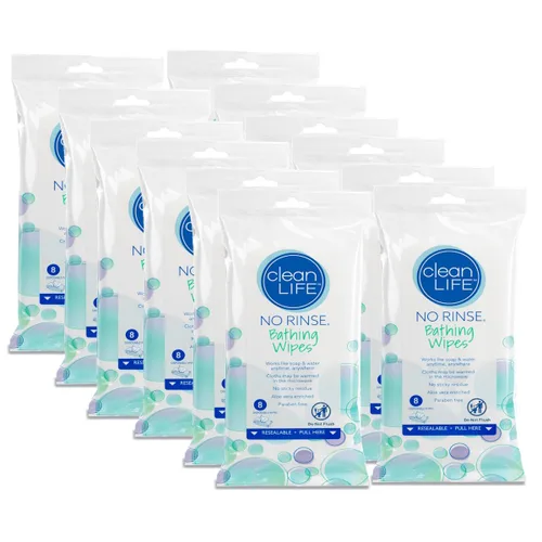 Cleanlife No-Rinse - Toallitas de baño (12 paquetes de 8) – 96 toallitas corporales desechables | Toallitas de baño limpiadoras para adultos,