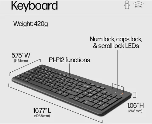 Miniatura 5 de HP Combo de teclado y mouse inalámbricos 330 - Receptor USB inalámbrico de 2.4 Ghz - Teclas Chiclet, 12 atajos de teclado - Mouse multisuperficie