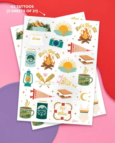 Miniatura 2 de xo, Fetti Tatuajes temporales de despedida de soltera – 42 estilos de lámina dorada Decoración de despedida de soltera glamping, accesorio