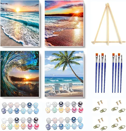 Miniatura 13 de VIGEGU Paquete de 4 pinturas por números para adultos, lienzo enmarcado, con caballete de madera, pintura por números para niños de 8 a 12 años
