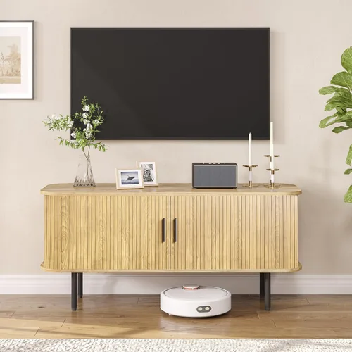 Miniatura 11 de Soporte de TV moderno acanalado de 47" para televisores de hasta 60 pulgadas, centro de entretenimiento para juegos con puertas correderas