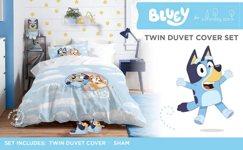 Miniatura 2 de Saturday Park - Juego de edredón y funda de almohada para cama individual de Bluey y Bingo con nubes arcoíris - Juego de 2 piezas 100% algodón