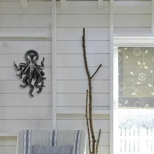 Miniatura 6 de World of Wonders Poseidon Octopus Kraken - Percha de pared de peltre Decoración decorativa náutica de oficina de playa Arte de pared de criatura