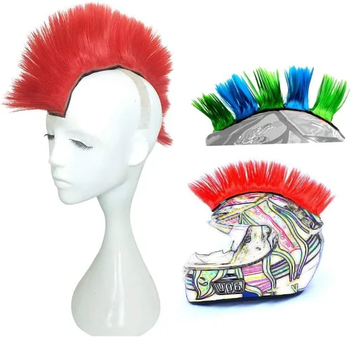 Miniatura 8 de Cresta estilo mohicano con adhesivo para casco de motocicleta, bicicleta, esquí, snowboard. Incluye peluca estilo mohicano para trajes de skinhead